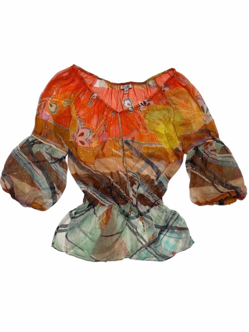 Y2K Caché Silk Balloon Sleeve Top Beads 90s 2000s Boho Colorful Sz M - Picture 1 of 8